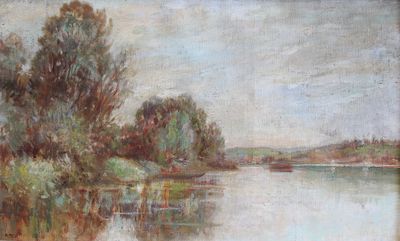 tableau représentant un tableau d'une rivière avec des arbres et un bateau sur l'eau