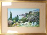 tableau encadré représentant une vue sur un lac et des arbres, dans un cadre doré