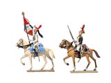 two figurines of a man on a horse and a man on a horse with a flag
