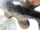 a fish statue that is sitting on top of a bag