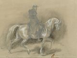 dessin représentant un homme à cheval, avec un chien au premier plan