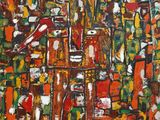 une peinture abstraite représentant un paysage urbain aux couleurs variées