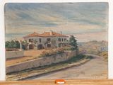 painting of a house on the side of a road with a sky background