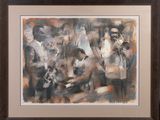 painting of a group of people playing instruments in front of a building