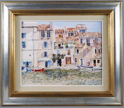 an image of a painting of boats in a harbor with buildings in the background