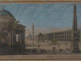 painting of a view of a palace with a clock tower in the background
