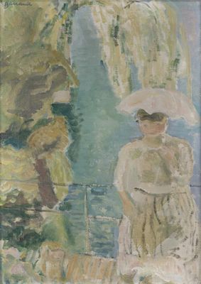 painting of a woman in a white dress and hat standing in front of a tree