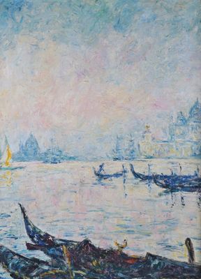 an oil painting of boats in a body of water near a shore
