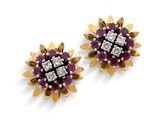 une paire de boucles d'oreilles en rubis et diamants