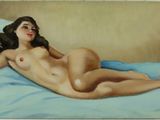tableau représentant une femme nue allongée sur un lit recouvert d'un drap bleu