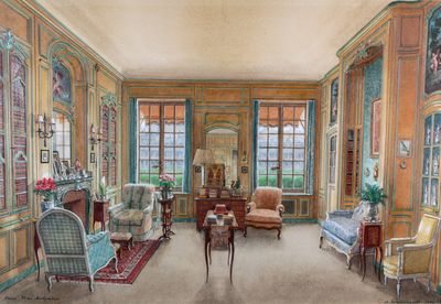 drawing of a drawing of a living room with furniture and a fireplace