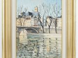 an oil painting of a bridge over a river with a building in the background