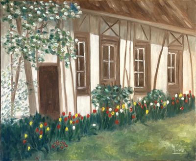 a painting of a house with tulips in front of it