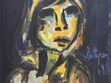 une peinture à l'huile représentant une femme vêtue d'une robe noire et jaune