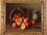 painting of a basket of apples on a table next to a vase