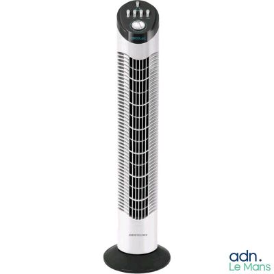un ventilateur colonne blanc posé sur un socle noir