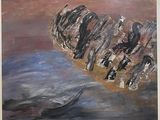 une peinture à l'huile représentant un rocher en forme de cœur au milieu d'un plan d'eau