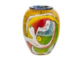 a vase with a painting on it on a white background