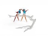 two birds sitting on a branch of a tree on a white background