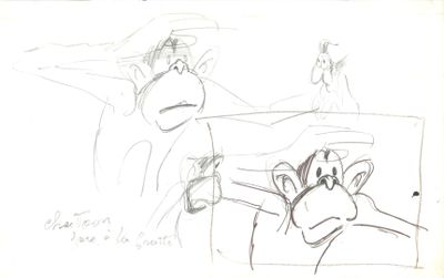 drawing of a monkey and a cow in a field with a man in the background
