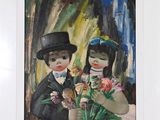a painting of two children holding flowers in front of a painting
