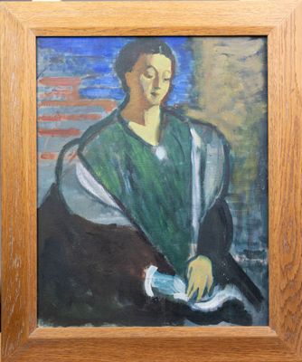 tableau représentant une femme portant un châle vert, dans un cadre en bois