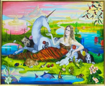 tableau représentant une femme allongée par terre, entourée de chiens et de chats