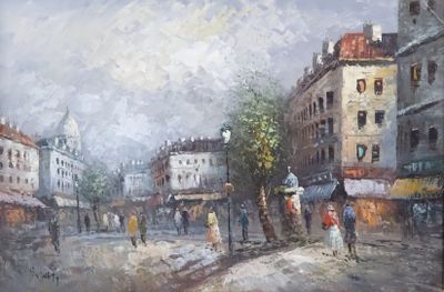 a painting of a city street with people walking on it