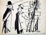drawing of a man on a ladder talking to a man in a top hat