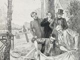 an illustration of a group of people standing around a man laying on a blanket