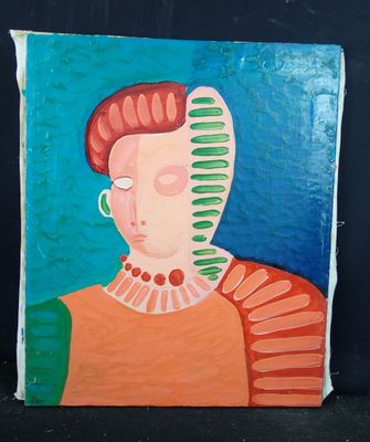 tableau représentant une femme aux cheveux roux vêtue d'une robe verte et orange