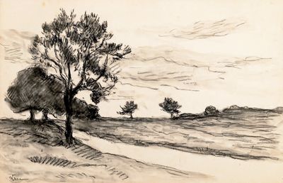 dessin représentant un arbre dans un champ, avec une route au premier plan