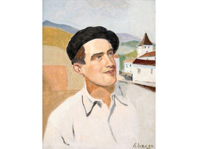 painting of a man with a hat and a white shirt in front of a building