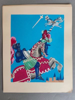 tableau représentant un chevalier à cheval muni d'une épée, un chevalier à cheval muni d'une épée et un chevalier à cheval