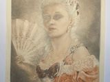 an old picture of a woman with a fan in her hand