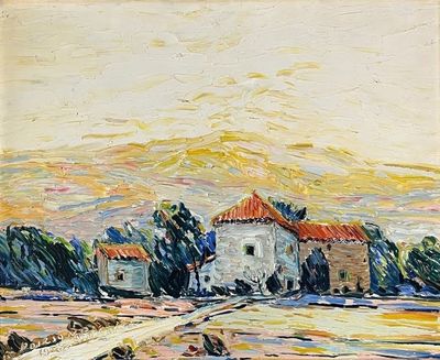 une peinture à l'huile représentant une scène de vie à la ferme avec des moutons paissant dans un champ