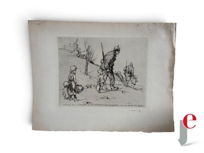 un dessin en noir et blanc représentant un homme et un enfant dans la neige