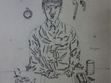 un dessin représentant un homme assis à une table avec une tasse de café