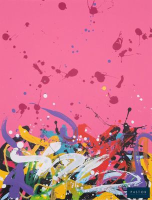 an image of a painting of colorful paint splatters on a pink background