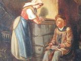 painting of a man and a woman sitting in a room next to a barrel of wine