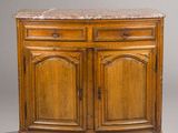 an old wooden cabinet with marble top and drawers