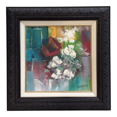 an oil painting of flowers in a vase on a table