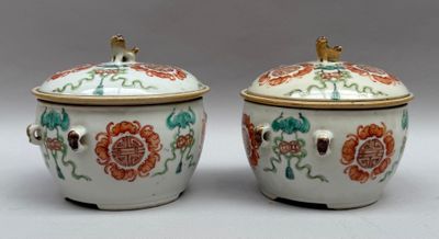 paire de pots en porcelaine chinoise avec couvercles, décorés de fleurs et d'oiseaux