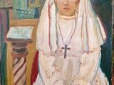 tableau représentant une femme en robe blanche assise sur une chaise