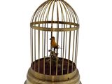 un oiseau doré dans une cage sur fond blanc
