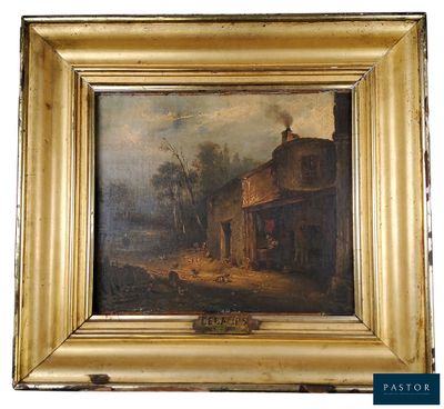 une image d'un tableau représentant une scène de ferme dans un cadre doré