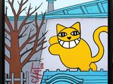 painting of a yellow cat on a fence with a tree in the background