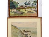 two watercolor paintings of a beach and trees in a wooden frame