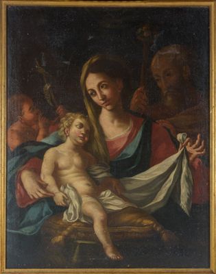 une peinture à l'huile représentant une femme tenant un enfant sur ses genoux
