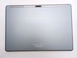 a silver laptop computer sitting on a white surface